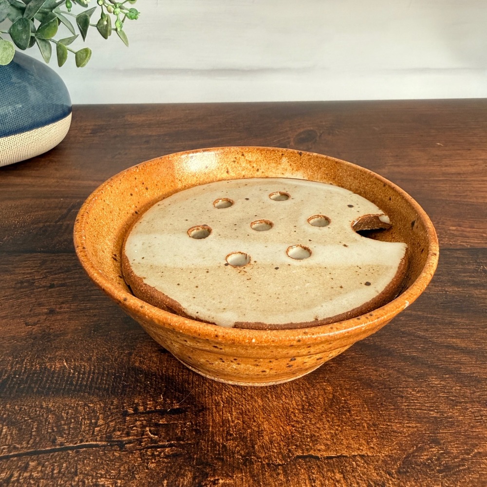 Studio Pottery Stoneware Soap Dish Removable Draining Insert Speckled Glaze